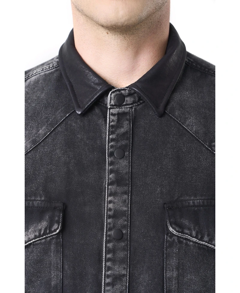 Velez Men's Long-Sleeve Cotton Overshirt With Denim and Leather Shirts