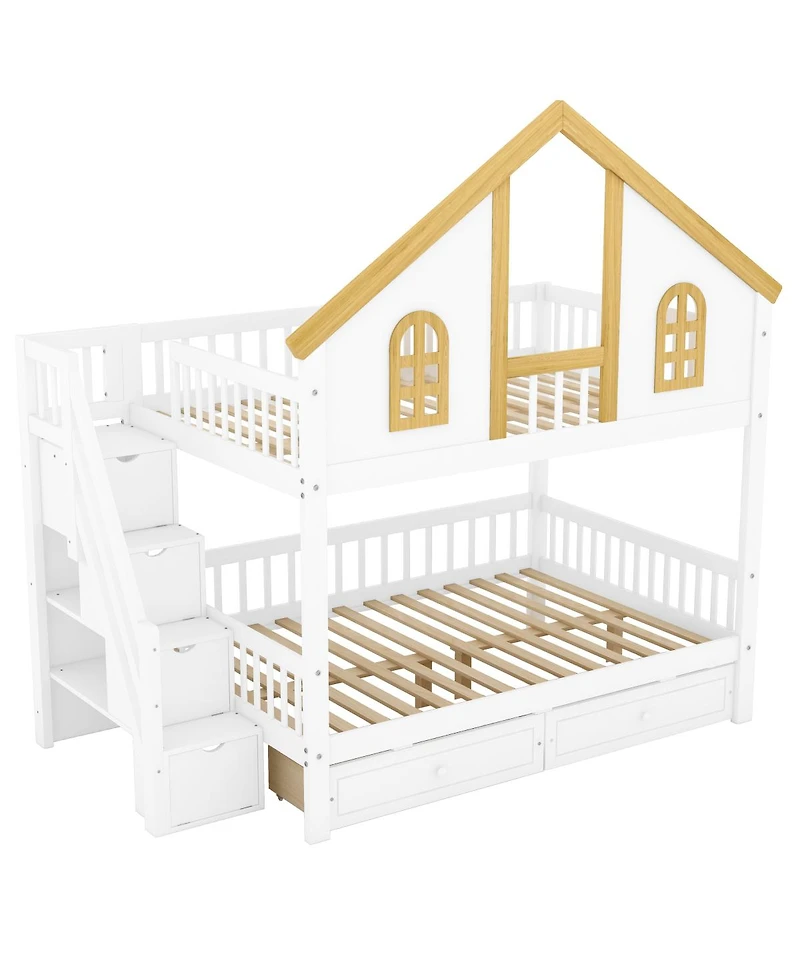 Streamdale Furniture Full Size Wooden House Roof Bunk Bed with Window, Door, Storage & Stairs