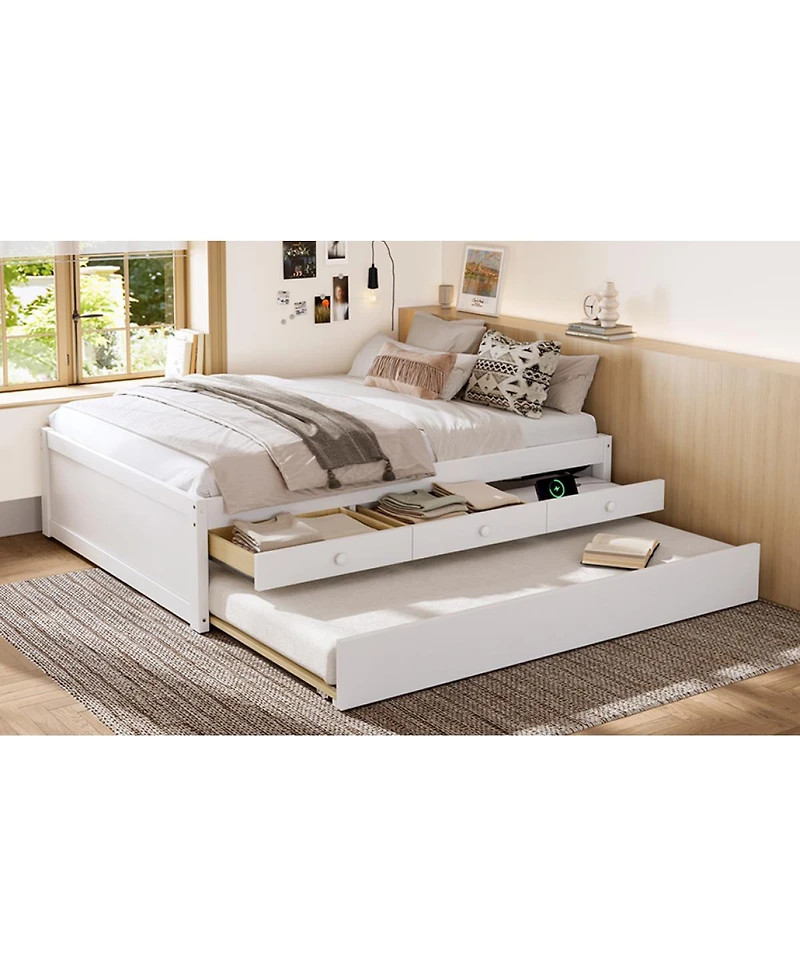 Streamdale Furniture Full Platform Bed with Trundle, 2 Drawers, Power Strip