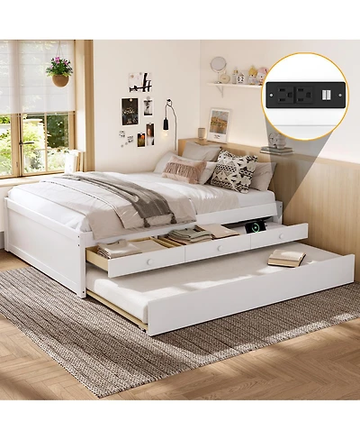 Streamdale Furniture Full Platform Bed with Trundle, 2 Drawers, Power Strip
