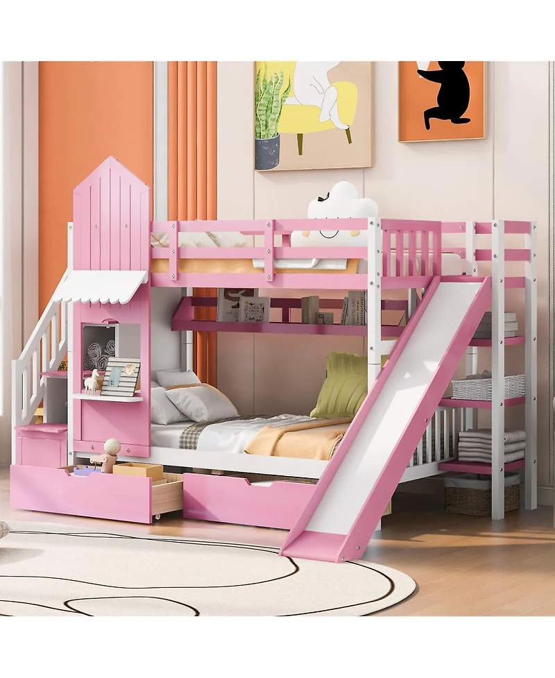 Streamdale Furniture Twin-Over-Twin Castle Bunk Bed with Drawers, Shelves & Slide