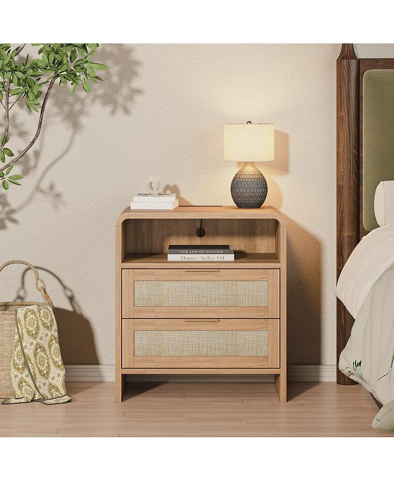 Streamdale Furniture Rattan Nightstand with Charging Station, 2 Drawers, 22.8" Wide Bedside Table