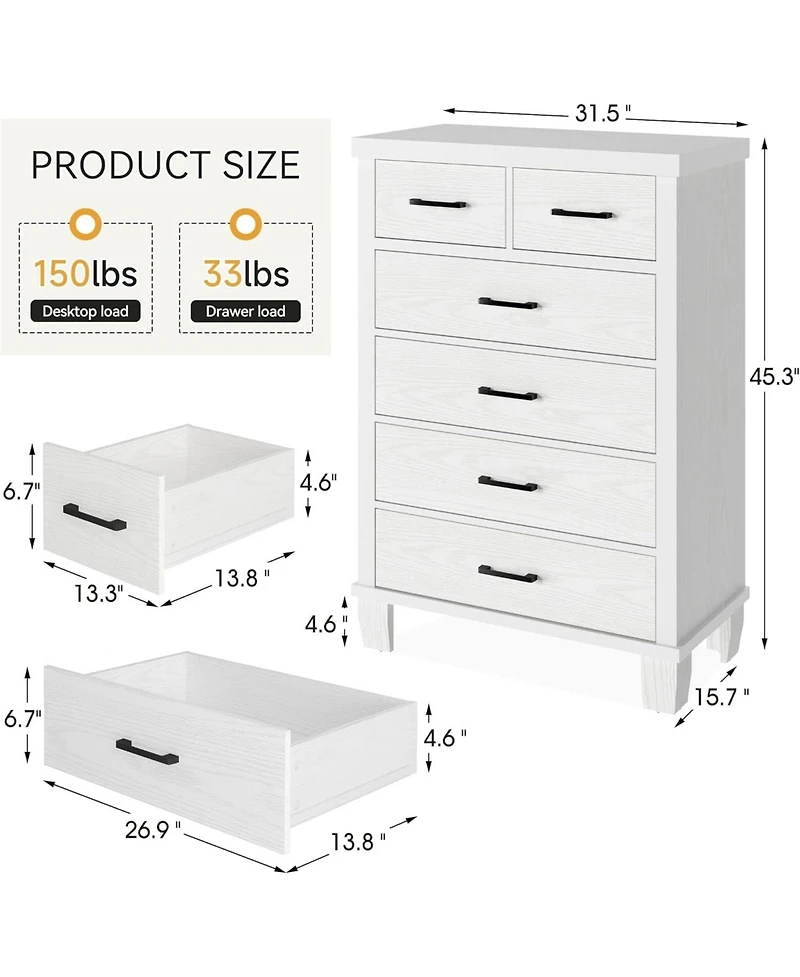 gaomon Dresser for Bedroom with 6 Drawers, 45" Tall & Chests of Drawers with Storage, Large Drawer Dresser for Closet Wooden Storage Cabinet