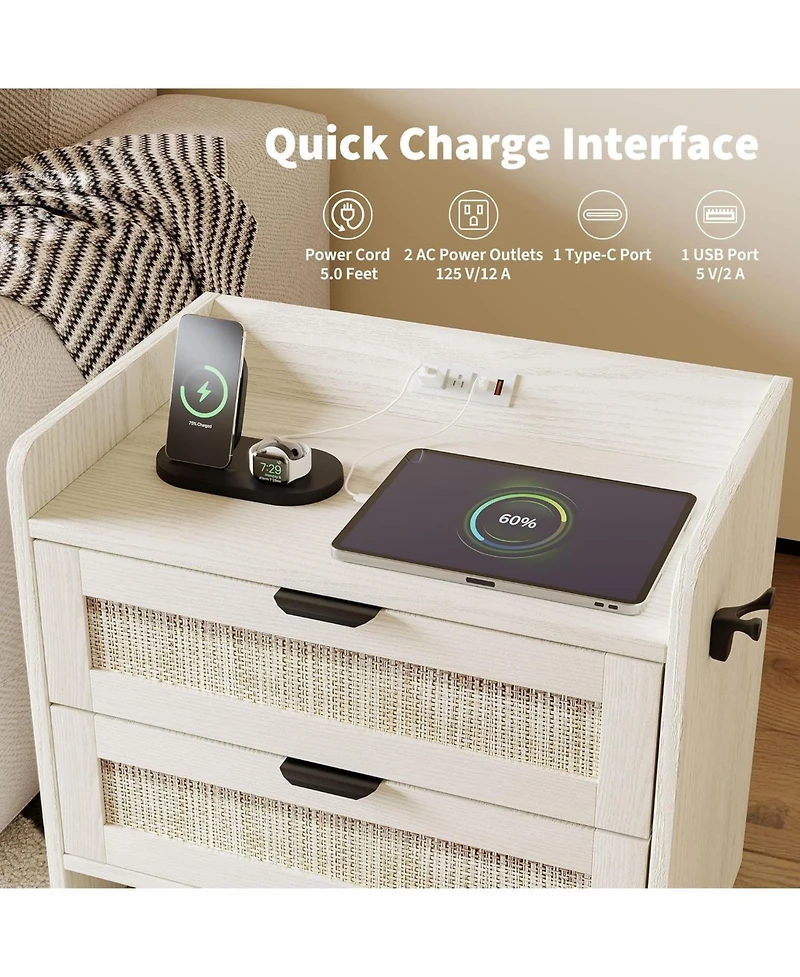 gaomon Rattan Bedside Table Nightstand, 2 Drawer, 1 Pcs Bedside Cabinet, Bedroom Organizer and Storage Cabinet