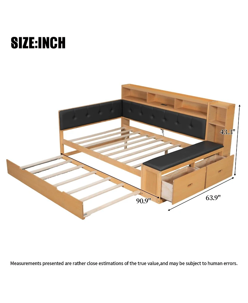 Streamdale Furniture Full Size Wood Daybed with Trundle, Storage, Charging Station