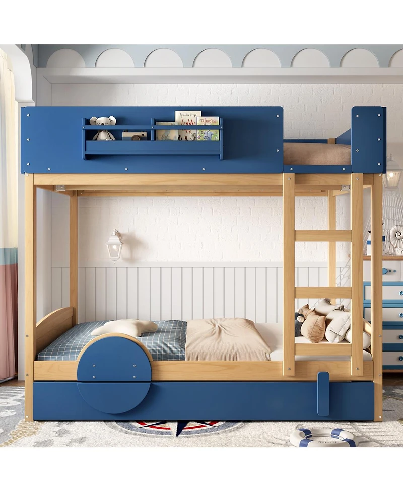 Streamdale Furniture Streamdale Bunk Bed with Trundle, Wood Bunk Bed Frame with Bookshelf