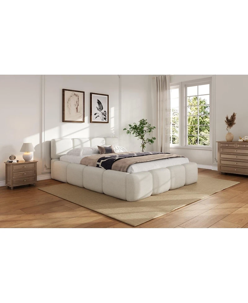Streamdale Furniture Queen Size Boucle Platform Bed with Thick Headboard and Footboard