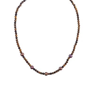 Macy's Tiger Eye (4mm) and Chocolate Freshwater Pearl (7-8mm) Necklace in Sterling Silver