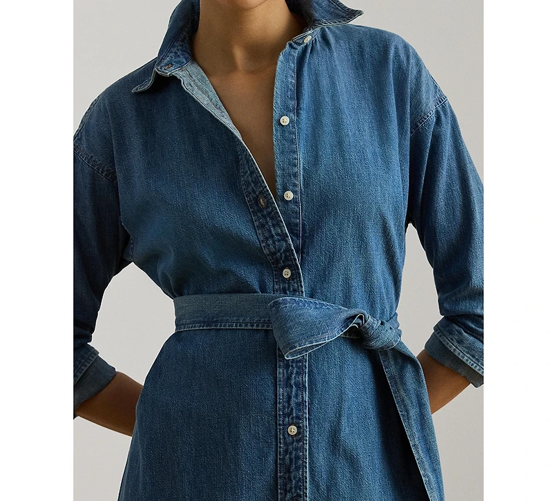 Lauren Ralph Women's Long-Sleeve Belted Tiered Collared Denim Shirt Dress