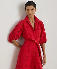 Lauren Ralph Women's Eyelet Voile Balloon-Sleeve Collared Shirt Dress