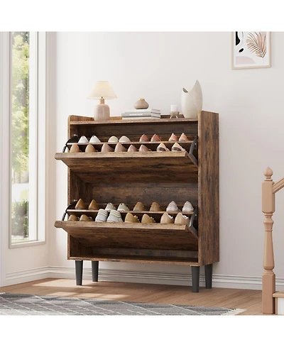 gaomon Wooden Shoe Cabinet with 2 Flip Drawers – Adjustable Shelf Shoe Organizer, Hidden Freestanding Shoe Storage for Entryway, Hallway, Livin