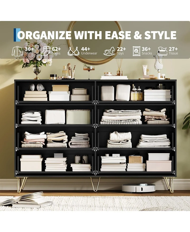 gaomon Fluted Dresser for Bedroom with 8 Drawers,55" Wide Modern Chest of Wooden Bedroom Chest with Metal Handle,Clothes Storage Organizer