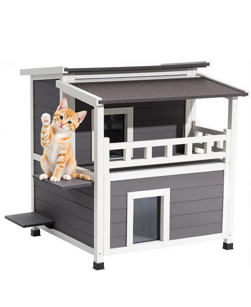 Aostirmotor 2-Story Insulated Cat House with Balcony, Weatherproof Wooden Shelter for Indoor & Outdoor Cats