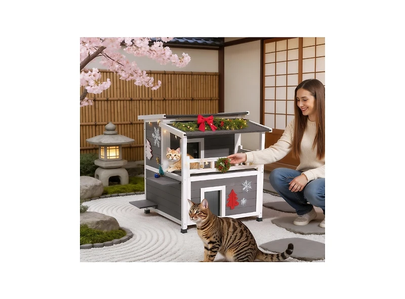 Aostirmotor 2-Story Insulated Cat House with Balcony, Weatherproof Wooden Shelter for Indoor & Outdoor Cats