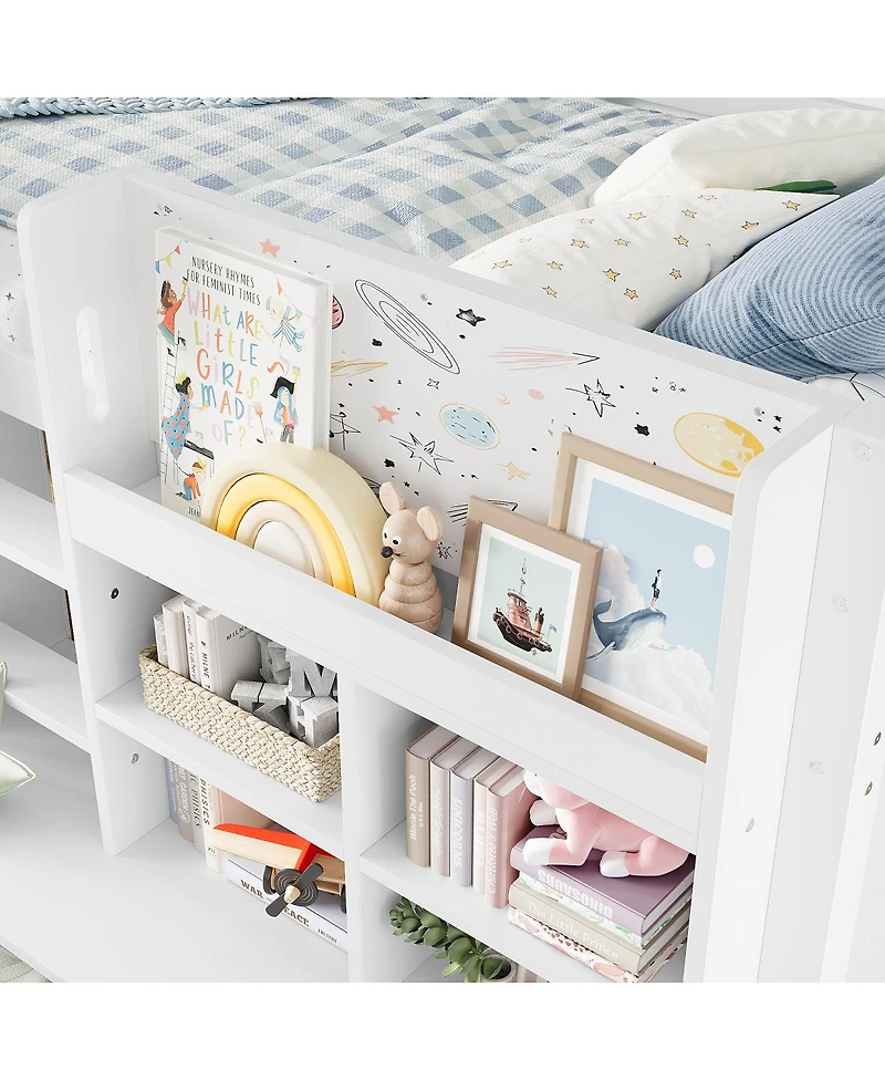 Streamdale Furniture Twin Loft Bed with Multi-Storage Shelves, Curtain & Chalkboard