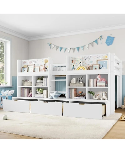 Streamdale Furniture Twin Loft Bed with Multi-Storage Shelves, Curtain & Chalkboard