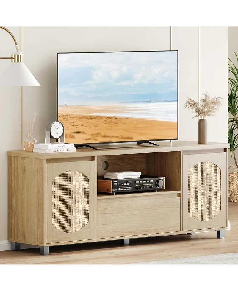 gaomon Rattan Tv Stand for 65 Inch Tv, Entertainment Center with Storage Drawer and Open Shelf, Wood