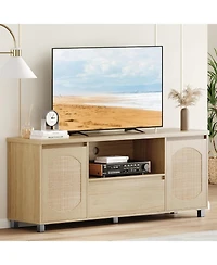 gaomon Rattan Tv Stand for 65 Inch Tv, Entertainment Center with Storage Drawer and Open Shelf, Wood