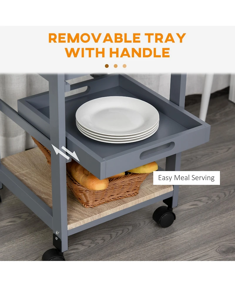 Rainsken Mobile Kitchen Cart, Solid Wood Frame Utility Cart, Rolling Kitchen Island with Wire Fruit Baskets, Trays and Drawer for Dining Room