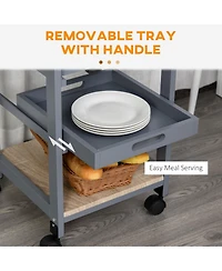 Rainsken Mobile Kitchen Cart, Solid Wood Frame Utility Cart, Rolling Kitchen Island with Wire Fruit Baskets, Trays and Drawer for Dining Room