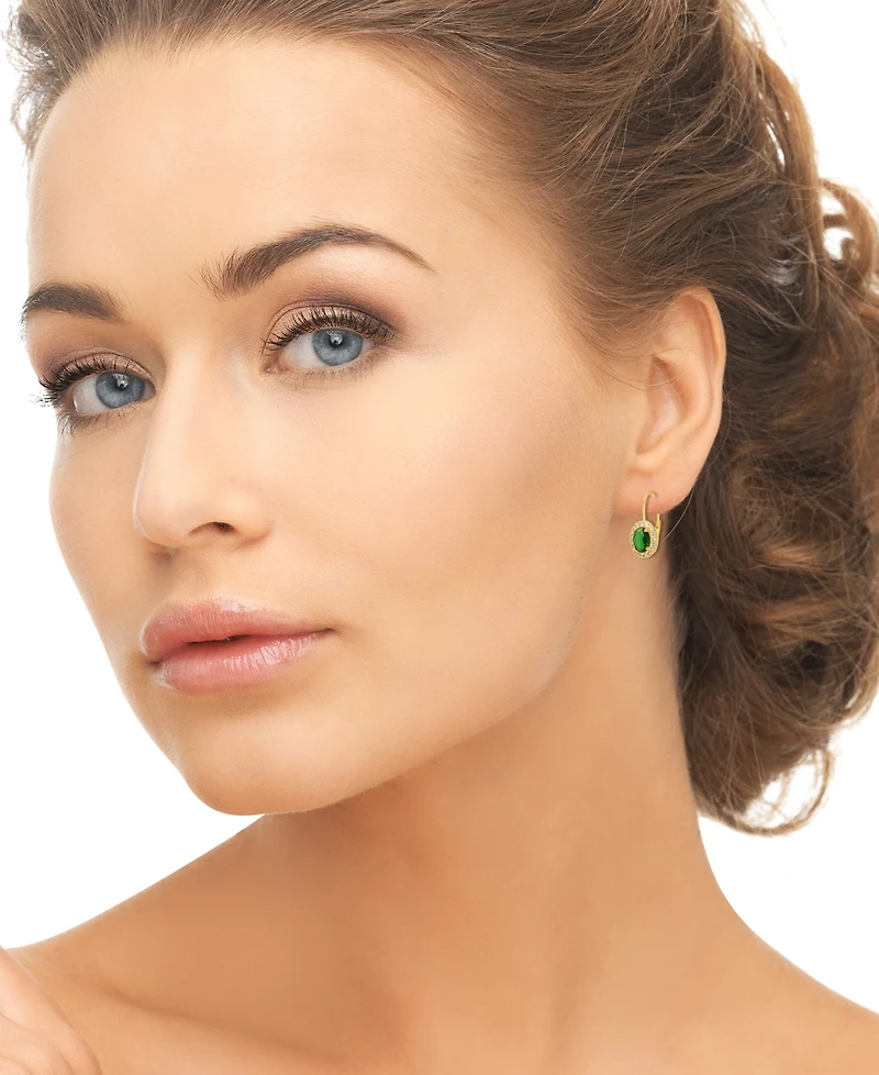 Macy's Lab Grown Emerald (1.70 ct. t.w.) and Lab Grown White Sapphire (0.32 ct. t.w.) Halo Leverback Earrings in 14k Gold Over Sterling Silver