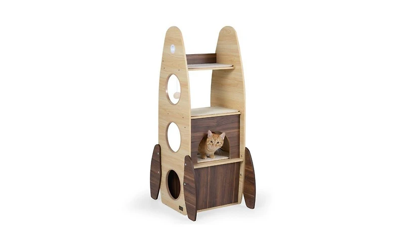 Aostirmotor Rocket Shape Cat Tree with 2 Condos & Sisal Scratch Pads, Hanging Pompom Toys