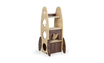 Aostirmotor Rocket Shape Cat Tree with 2 Condos & Sisal Scratch Pads, Hanging Pompom Toys