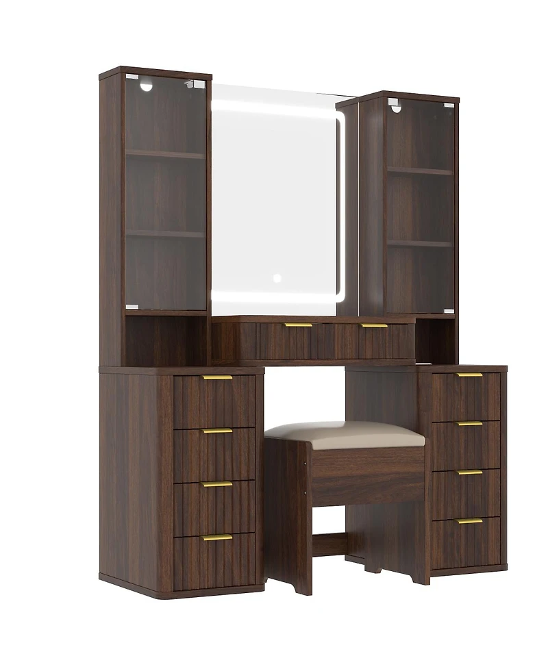 Streamdale Furniture 43.5" Fluted Makeup Vanity Desk w/ Mirror, Lights, 10 Drawers