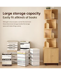 Rainsken 360° Rotating Bookshelf Tower, 5 Tier Wooden Display Bookcase with Wheels and Double Door Storage Cabinet