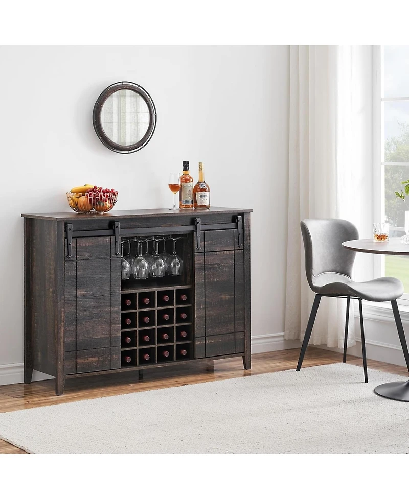 gaomon 47 Inch Wine Bar Cabinet with Sliding Barn Door Buffet Sideboard Cabinet with 16 Bottle Wine Rack.