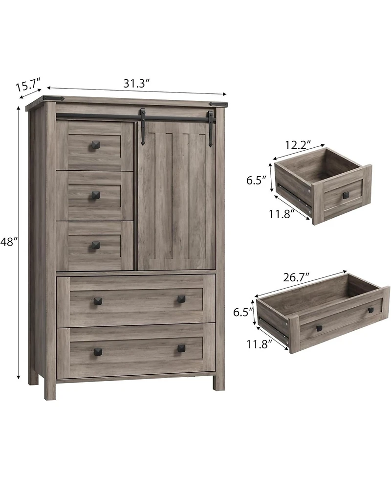 gaomon Farmhouse 5 Drawer Dresser for Bedroom, 48 in Tall Wood Dresser Chest of Drawer with Sliding Barn Door, Adjustable Shelf