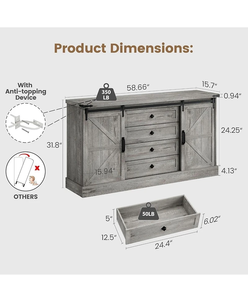 gaomon Farmhouse 4 Drawer Dresser for Bedroom, 59" Wood Dressers with Sliding Barn Doors, Tv Stand with Large Drawers & Bar Handles