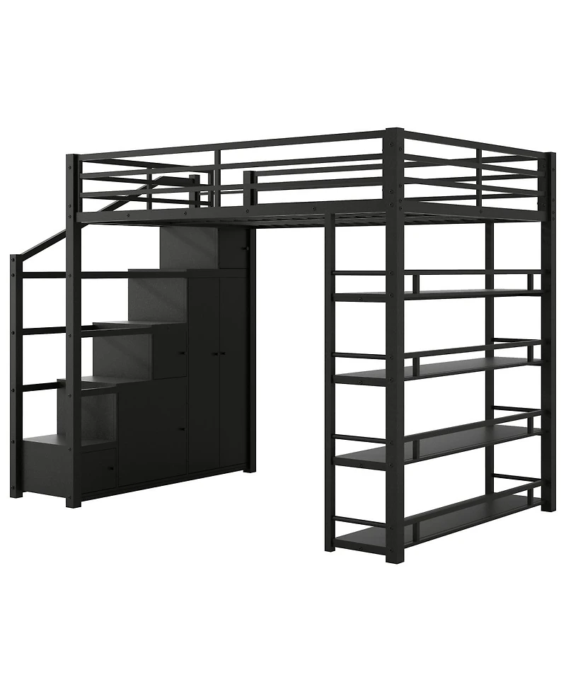 Streamdale Furniture Queen Size Metal Loft Bed with Storage Shelves, Cabinets and Wardrobe