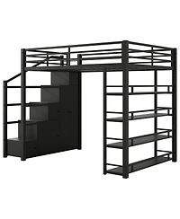 Streamdale Furniture Queen Size Metal Loft Bed with Storage Shelves, Cabinets and Wardrobe