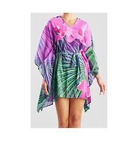 Natori Womens Orchid Silk Cotton Voile Short Caftan
