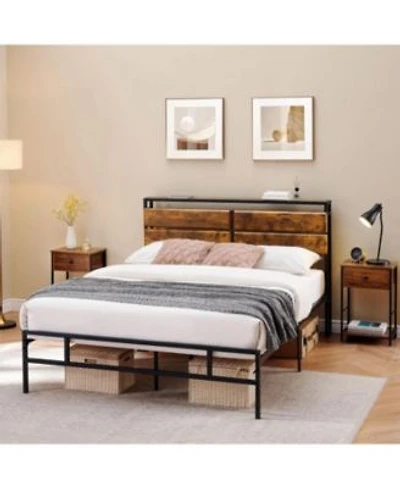 gaomon Queen Bed Frame with Storage headboard Metal Platform Bed Frame Queen Size Bed Frame with Rustic Vintage Wood