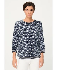 Olsen Women's Allover Geo Print T-Shirt with Stripe Trim