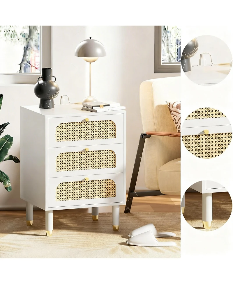 Yigii Boho Style Tall Rattan Nightstand with Charging Station