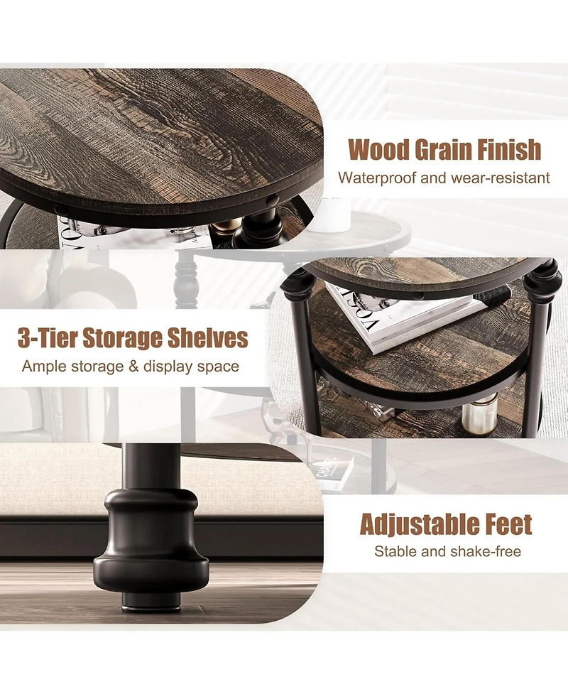 gaomon Round End Table, Small Side Table with 3 Shelves for Living Room, Bedroom, Night Stand Accent Coffee Table with Steel Frame