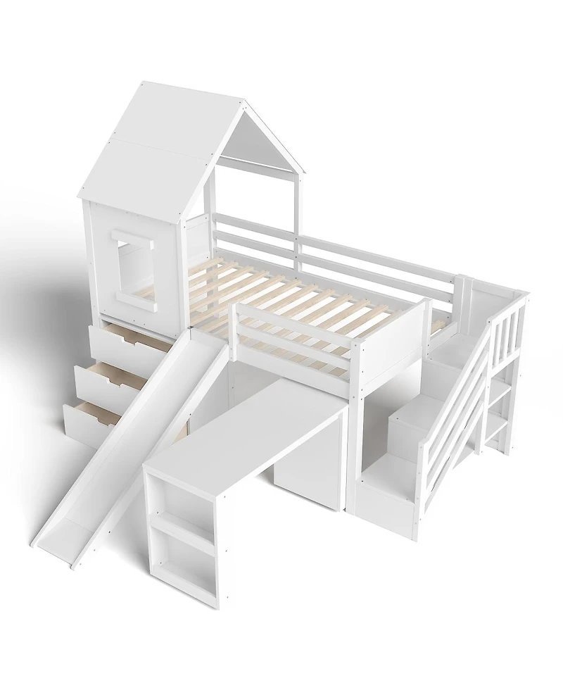 Streamdale Twin Loft Bed with Storage, Desk, Slide & Stairs, White