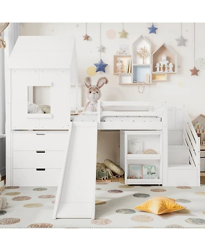 Streamdale Twin Loft Bed with Storage, Desk, Slide & Stairs, White
