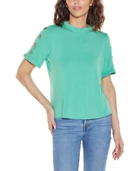 Belldini Womens Ruffle Trim Grommet Knit Top
