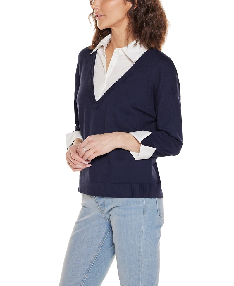 Belldini Women's Woven Collar Twofer Sweater