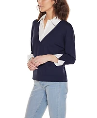Belldini Women's Woven Collar Twofer Sweater