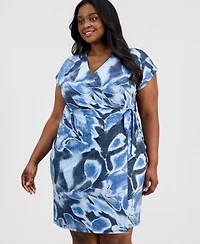 Anne Klein Plus Printed Short-Sleeve Faux-Wrap Dress