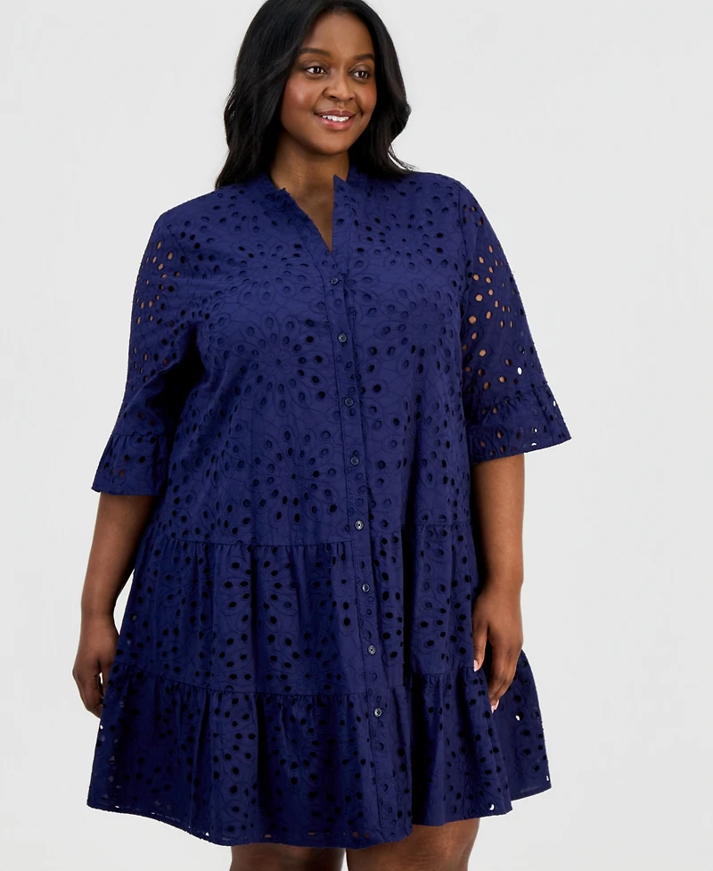 Anne Klein Plus Cotton Eyelet Tiered Shirtdress