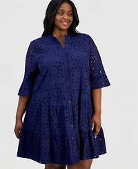 Anne Klein Plus Cotton Eyelet Tiered Shirtdress
