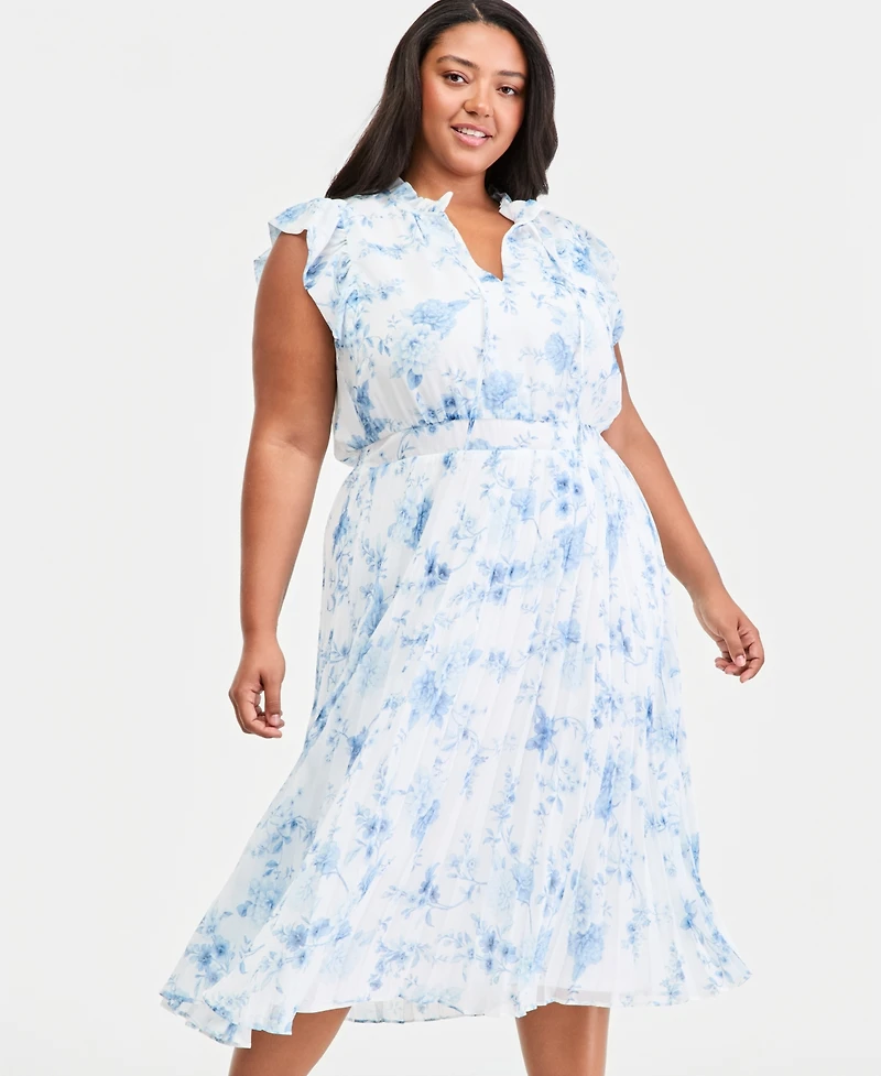 Anne Klein Plus Tie-Neck Flutter-Sleeve Midi Dress