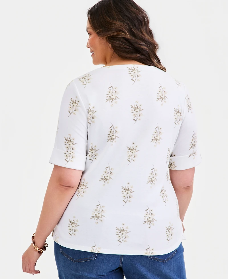 Style & Co Plus Printed Boat-Neck Elbow Sleeve Cotton Top