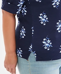 Style & Co Plus Printed Boat-Neck Elbow-Sleeve Top